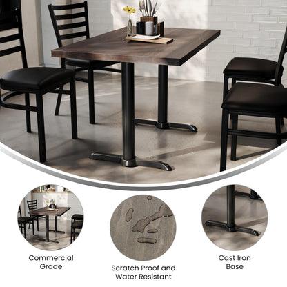 Flash Furniture Bennett 30" x 48" Solid Wood Commercial Indoor Tabletop in Dark Brown with Dual 5" x 22" Dining Height Black Cast Iron T Bases, 400 lb. Static Capacity