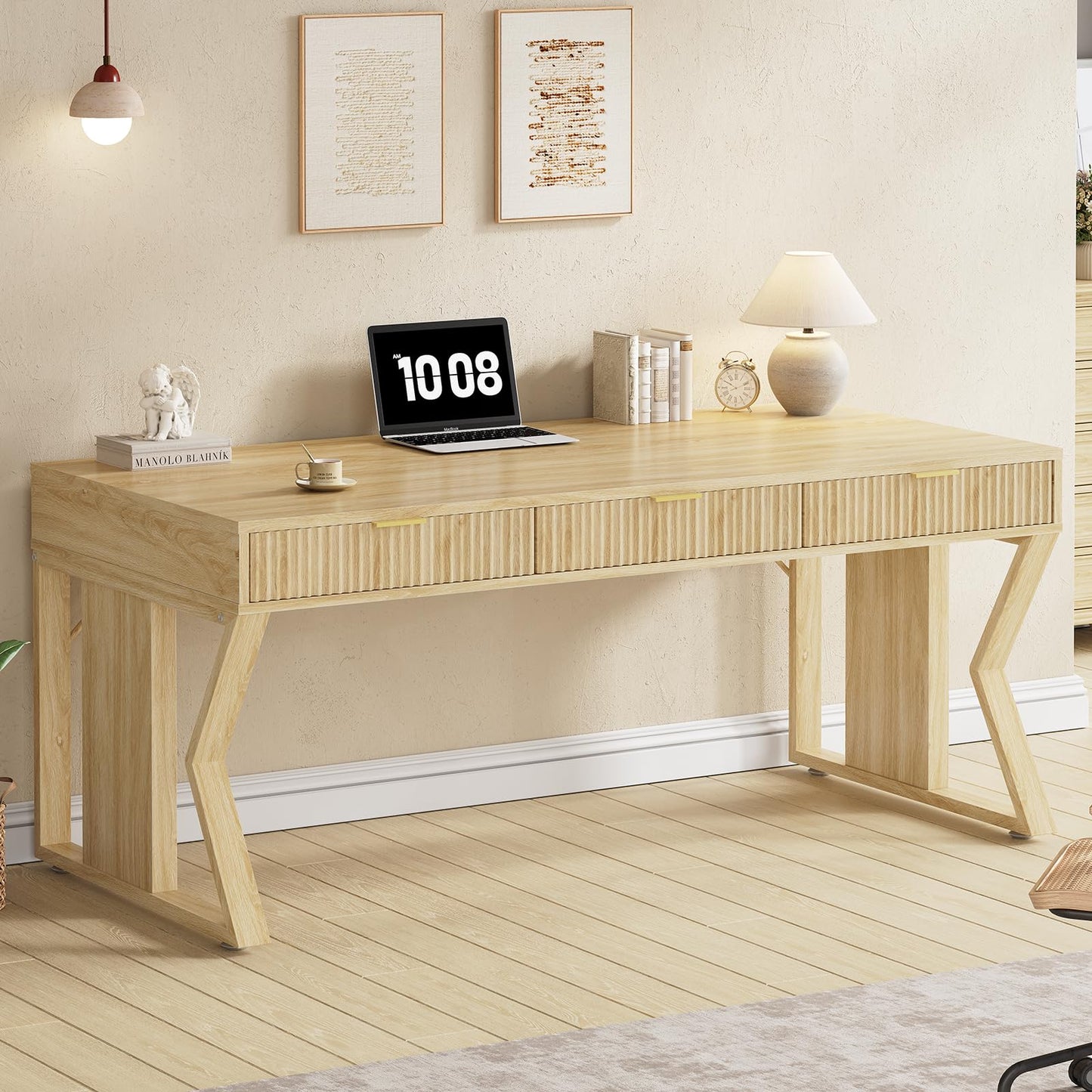 SEDETA 55" Executive Office Desk with 3 Drawers, Home Office Desk with Storage Drawers, Computer Writing Desk Study Table, Natural Oak