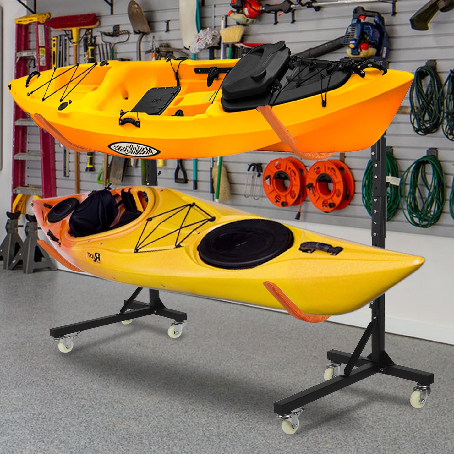 Neorexon Freestanding Kayak Storage Rack, Adjustable Kayak Racks Outdoor with 4 Lockable Wheels, Kayak Stands Heavy Duty Storage for Kayaks, Canoes, SUP and Surfboards - 2 Kayaks