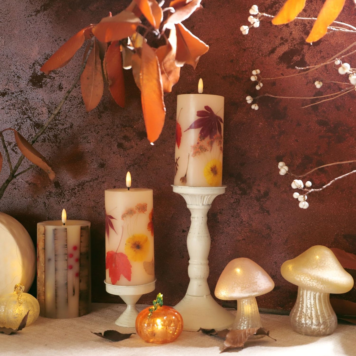 Fall Flameless Candles with Real Maple Leaf & Marigold Embedded Pillar Candles Battery Operated with Remote (3" × 6") - Straight Edge, Real Wax, Unscented - Ideal for Thanksgiving Decorations