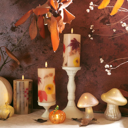 Fall Flameless Candles with Real Maple Leaf & Marigold Embedded Pillar Candles Battery Operated with Remote (3" × 6") - Straight Edge, Real Wax, Unscented - Ideal for Thanksgiving Decorations