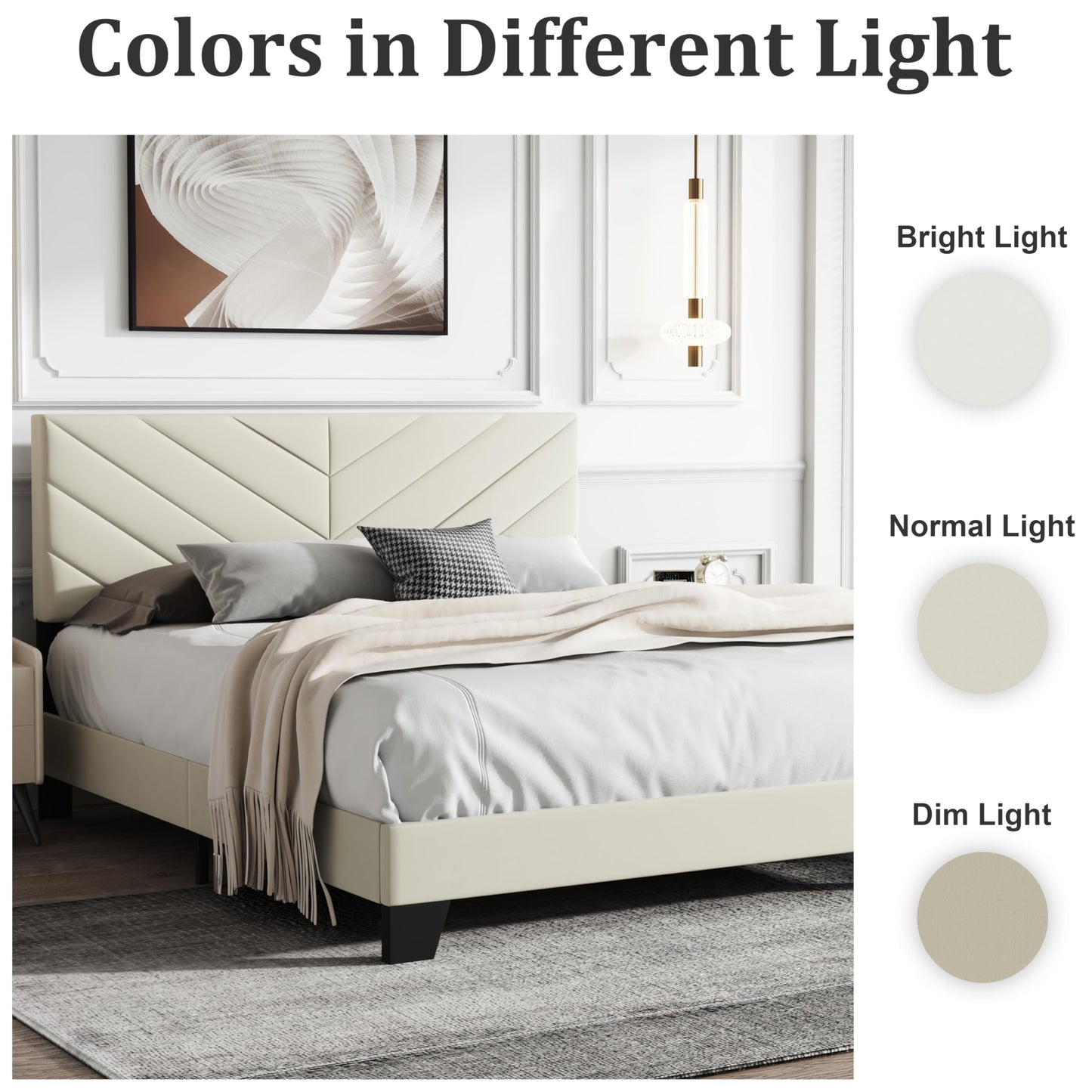 IOILORI Full Size Bed Frame Platform with Upholstered Headboard, Sturdy Wooden Slats, Noiseless, No Springs Required, Easy to Assemble Beige
