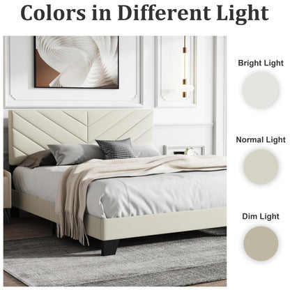 IOILORI Full Size Bed Frame Platform with Upholstered Headboard, Sturdy Wooden Slats, Noiseless, No Springs Required, Easy to Assemble Beige