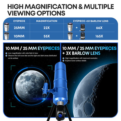 Dianfan Telescope for Kids & Adults, 90mm Aperture 550mm Astronomical Professional Telescope for Adults High Powered, Portable Travel Telescopes for Beginners with Tripod & Adapter, Bag, Folding Stool