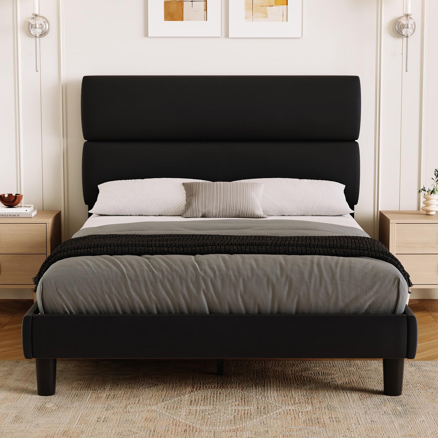 GRUSIGN Full Size Platform Bed Frame with Velvet Headboard, Adjustable Height Wooden Slats Support, Upholstered Mattress Foundation, Fits Mattress or Mattress with Box Spring, Easy Assembly, Black