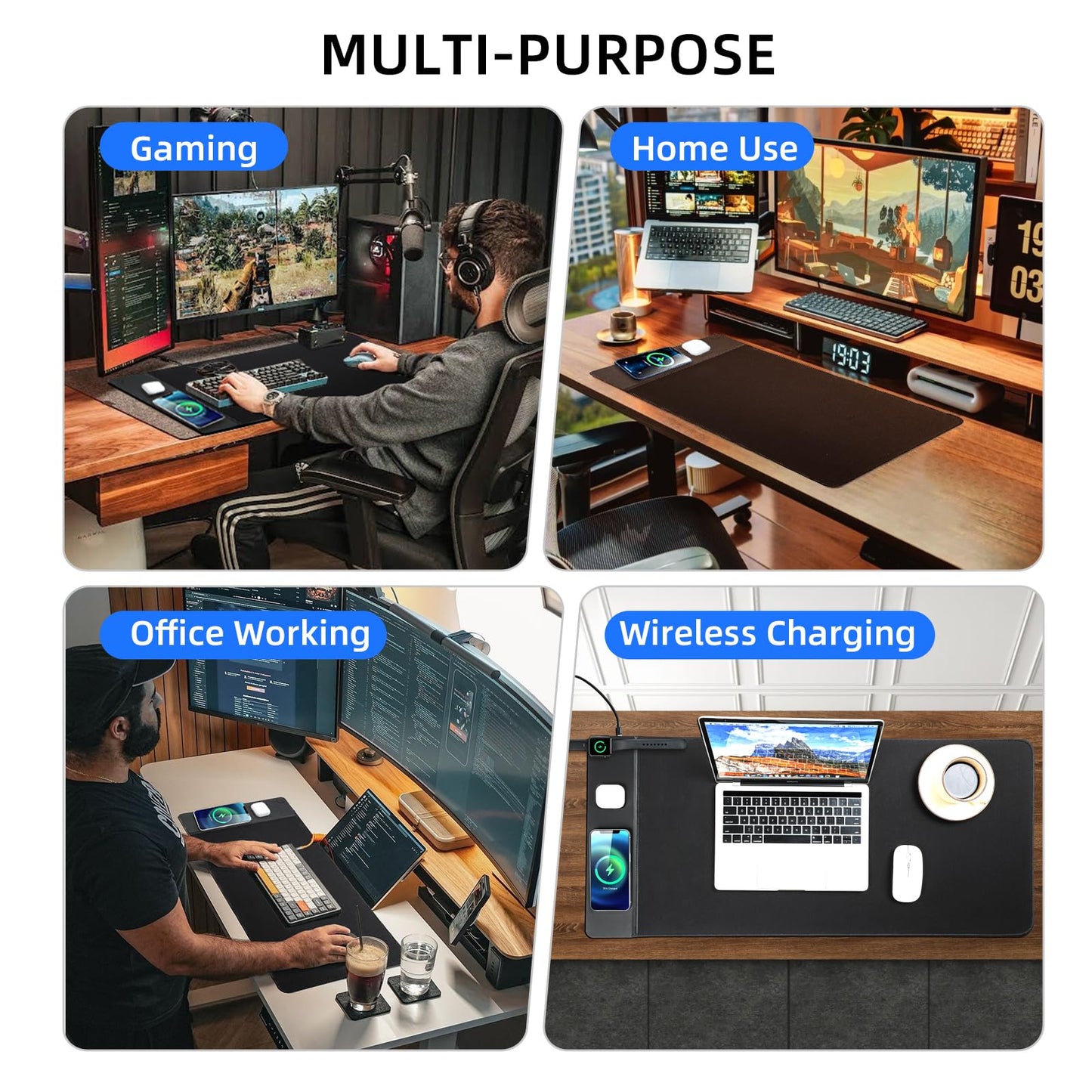 VOVIPO 3 in 1 Wireless Charging Mouse Pad, Gaming Mousepad with Wireless Charger Multiple Devices Compitable with Watch/iPhone/Airpods, Large Desk Mat 90 x 40cm,Desk Pad for MacBook, PC, Laptop-Black