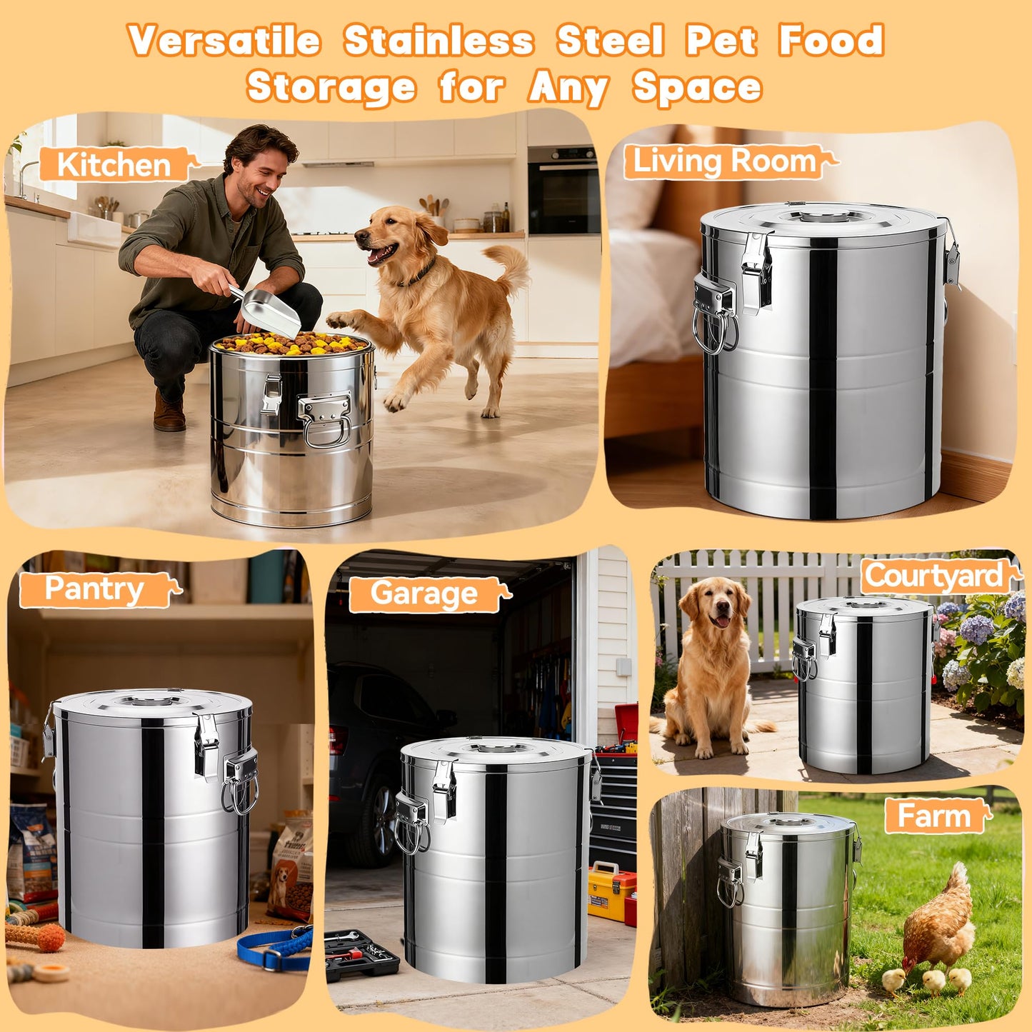 UPSKYPET 40lb Stainless Steel Dog Food Storage Container, Large Capacity Metal Pet Food Storage Container with Scoop, Airtight Dog & Cat Food Treat Bin for Dry Food Keep Fresh for Multi-Pet Households