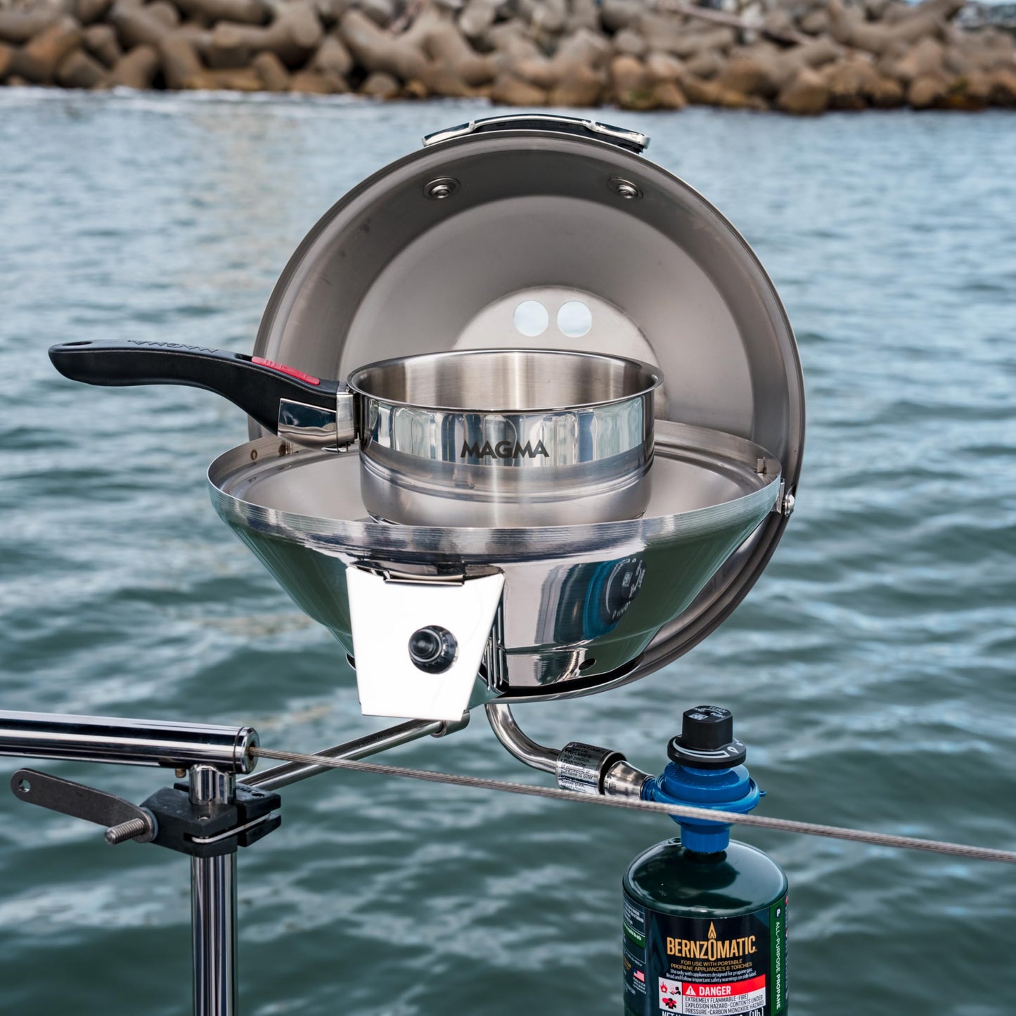 Magma A10-207-3 Marine Kettle3 Portable Gas Grill and Stove - Stainless Steel BBQ with Electronic Ignition for Boats - Wind-Resistant Design, Safe Propane Connection, Stay Cool Handle - 15" Diameter