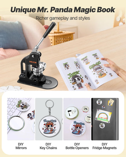 VEVOR Button Maker Machine, 2.25 in, Pin Maker Machine with 500pcs Button Parts, Circle Cutter, Hex Wrenches and Magic Book, Ergonomic Handle, for DIY Badges, Personalized Pins and Key Chains, Black