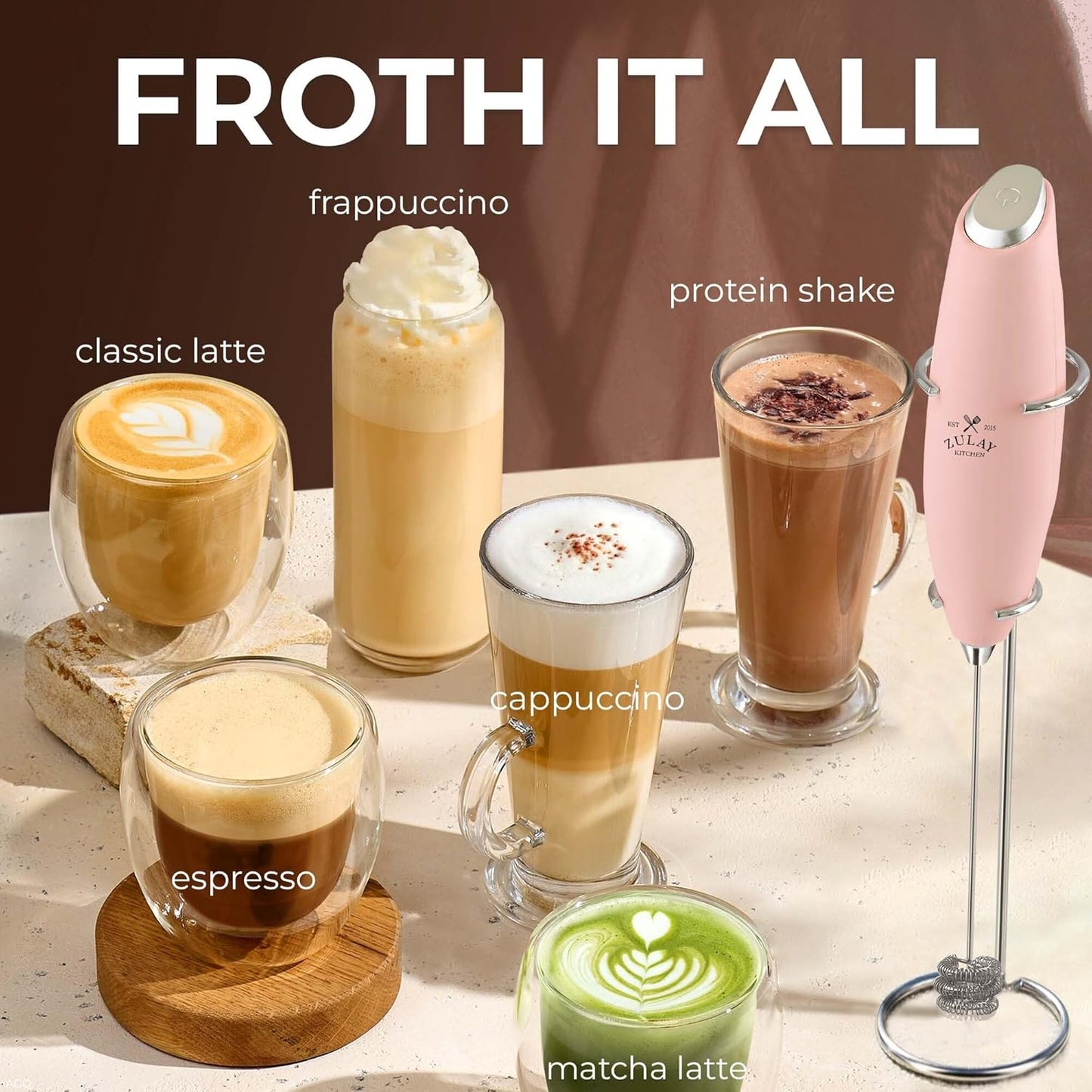 Zulay Kitchen Tornado Triple Whisk Milk Frother - Handheld Foam Maker for Coffee & Lattes - Spritz Pink with 4 Duracell Batteries