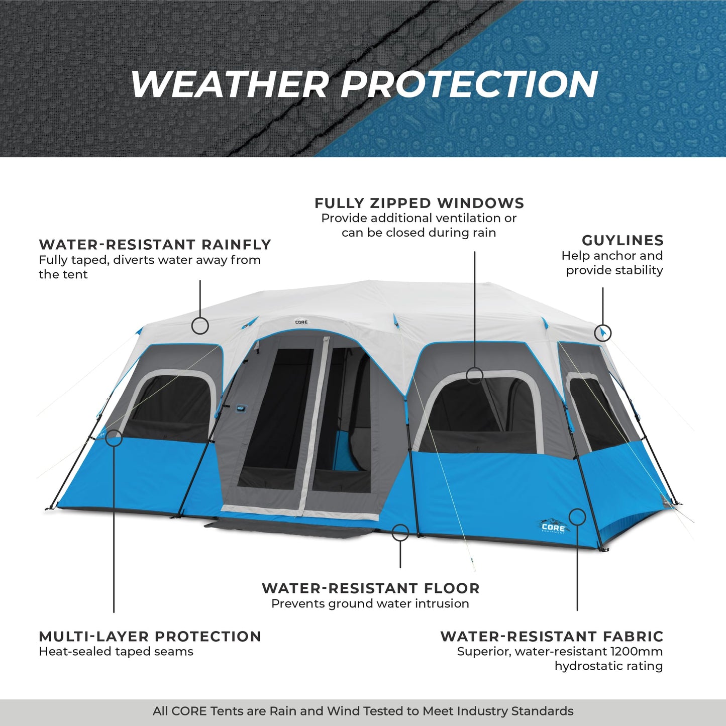 CORE 12 Person Instant Cabin Tent with LED Lights | Large 3 Room Family Lighted Pop Up Tent for 2 Minute Camp Setup | Included Storage Pockets for Camping Accessories