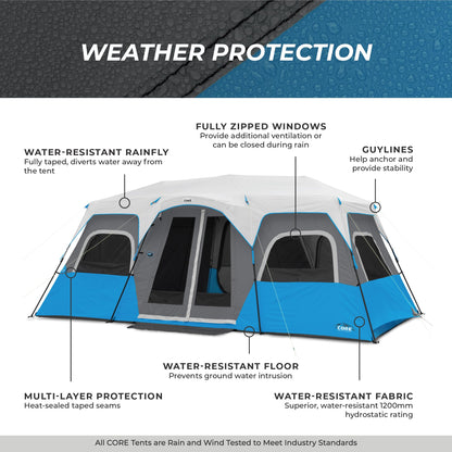 CORE 12 Person Instant Cabin Tent with LED Lights | Large 3 Room Family Lighted Pop Up Tent for 2 Minute Camp Setup | Included Storage Pockets for Camping Accessories