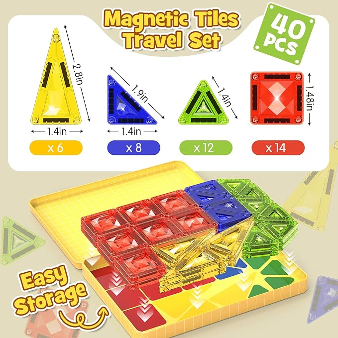 Mini Magnetic Tiles Travel Set - 40PCS Diamond Texture Magnetic Building Blocks for Kids 10% Thicker &amp Portable Yellow Metal Storage Box Montessori STEM Educational Toys Gift for Ages 3+