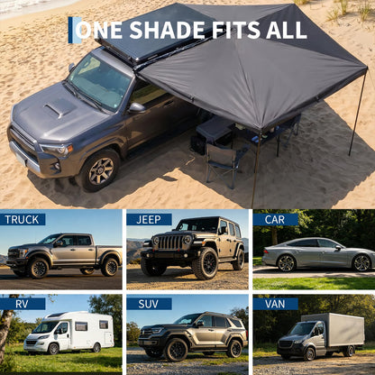 Garvee 270 Degree Driver Side Car Awning, 6.6ft Pull-Out Vehicle Awning with Blackout Coating, 280G Ripstop Waterproof Sun Shelter for SUV Truck Van Camping, Black