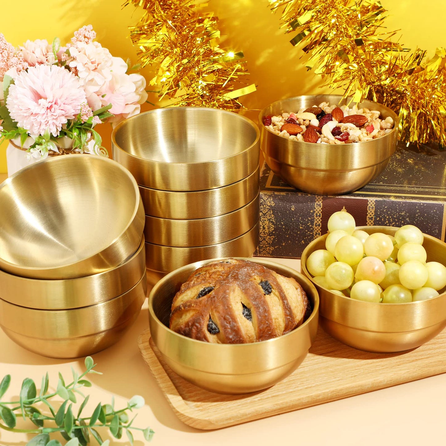 Lallisa 10 Pcs 304 Stainless Steel Gold Mixing Bowls 4.7 Inch Decorative Esthetician Bowls Metal Serving Bowl for Wedding Party Baking Prepping Serving Facial Salad Fruit Snack Soup