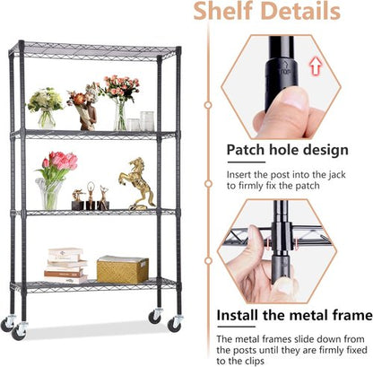 BestOffice 4-Tier Wire Storage Shelves with Wheels - Adjustable Heavy-Duty Metal Rack | 36x14x62 | Black | Holds Up to 500 lbs | No-Tool Assembly for Home & Garage