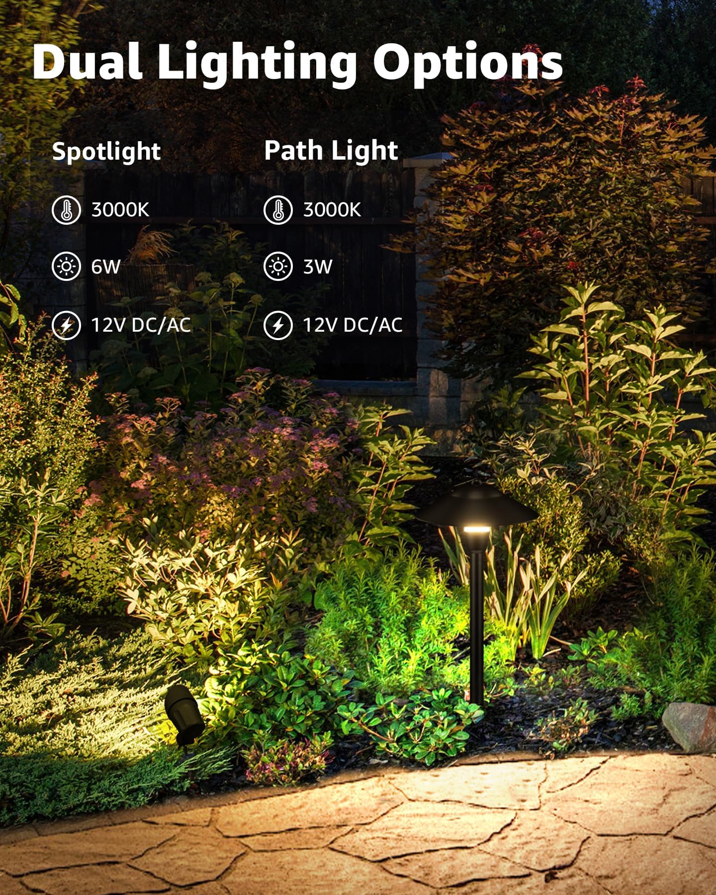 SUNVIE All-in-ONE Landscape Lighting Kit 6-Pack LED Outdoor Pathway Lights, 2-Pack Spotlights, 60W Transformer, 100FT 16/2 AWG Wire and Connectors Outdoor Landscape Lighting for Walkway Garden Yard