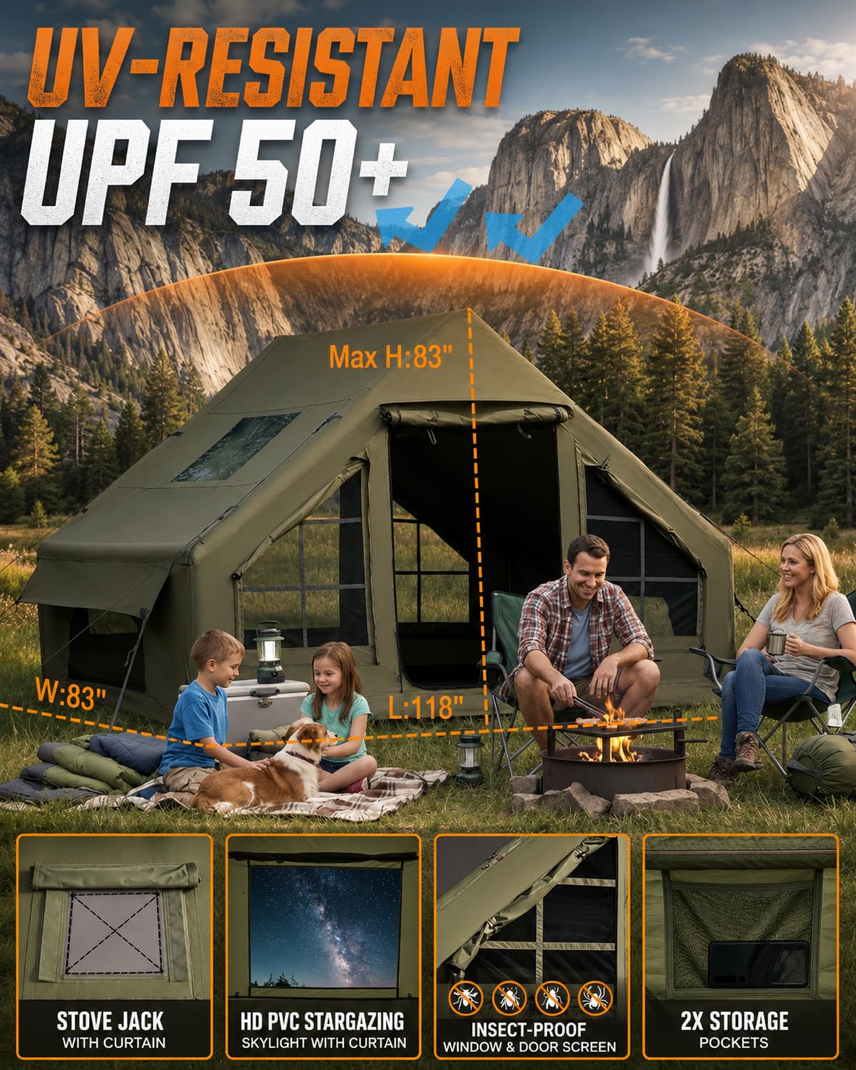 Inflatable Tent with Skylight, Fast Setup Blow Up Air Camping Tents with Pump, Hot Tent with Stove Jack, Waterproof 420D Oxford Inflate House for 4-8 Person, Glamping Cabin for Outdoor 4 Seasons