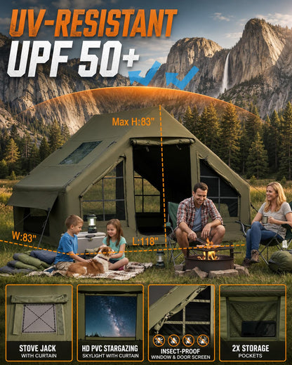 Inflatable Tent with Skylight, Fast Setup Blow Up Air Camping Tents with Pump, Hot Tent with Stove Jack, Waterproof 420D Oxford Inflate House for 4-8 Person, Glamping Cabin for Outdoor 4 Seasons