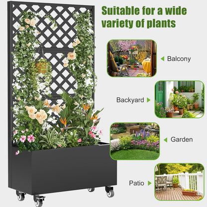 72" Metal Planter Box with Trellis Outdoor and Wheels,Planter with Trellis Privacy Screen, Raised Garden Bed with Trellis and Drainage Holes for Climbing Plants, Vegetables, Vines
