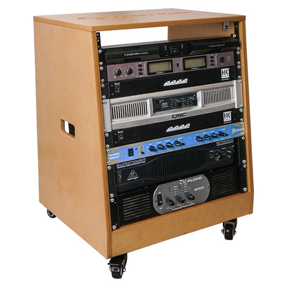 Sound Town DIY Solid Baltic Birch Plywood Slanted 12U Studio Rack, Golden Oak, Rubber Feet, Casters (SDRK-12T)
