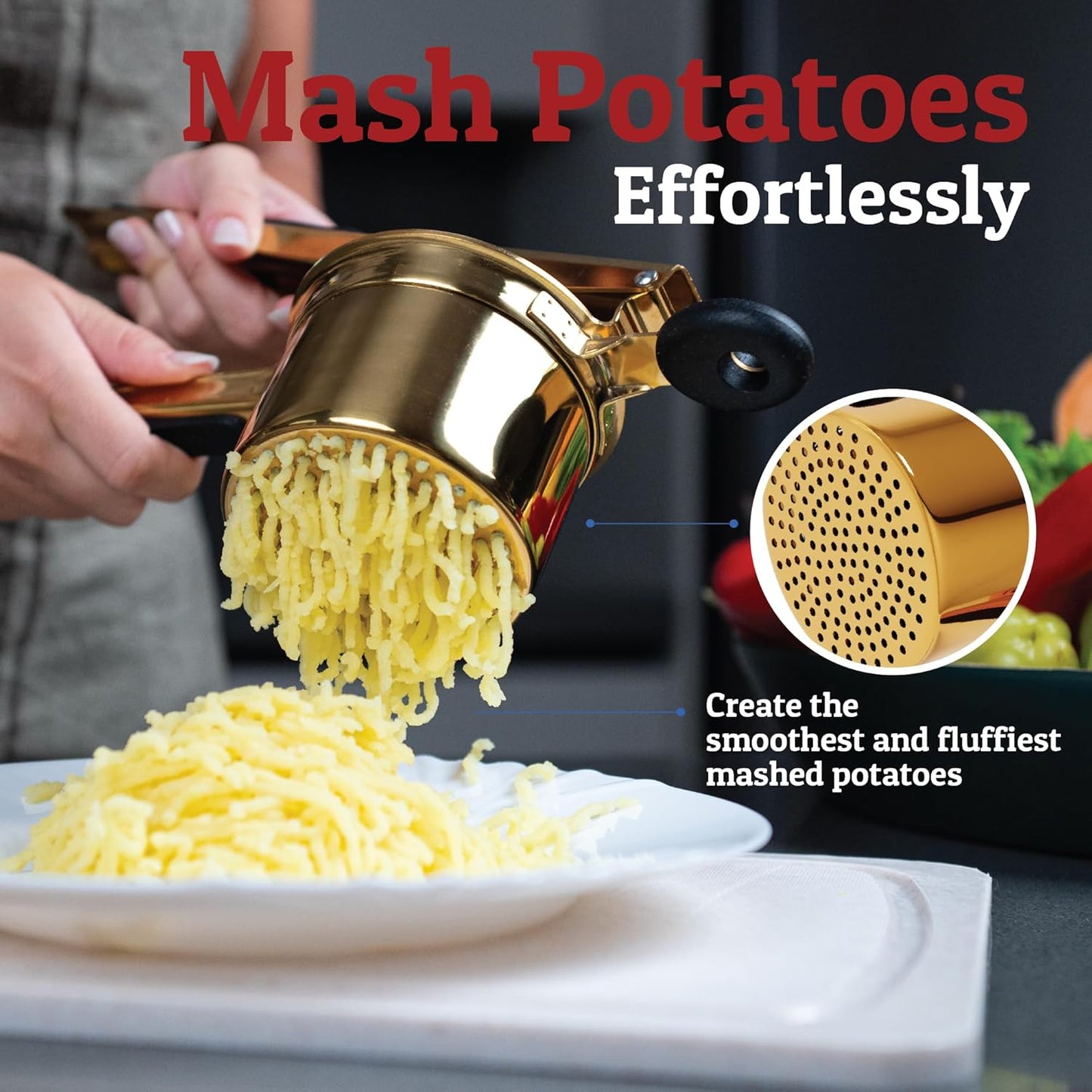 PriorityChef 15oz Heavy Duty Potato Ricer - Stainless Steel Masher with 3 Discs | Gold & Black Silicone