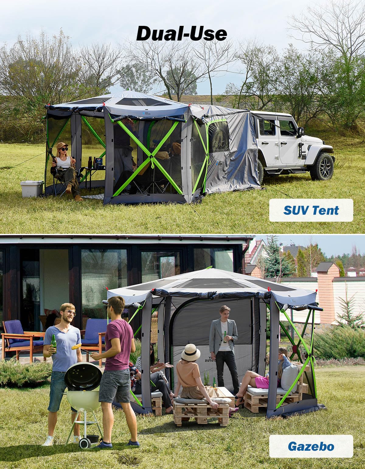 JOYTUTUS Dual-Use Pop up SUV Tent for Camping, 11FT x 11FT Big Space 2 Rooms Car Tent for Family, Outdoor Gazebo with 4 Sides Screen, 2 Doors, Portable Carry Bag, Gray Green