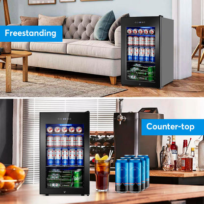 FoMup Beverage Refrigerator 17 inch Wide - 126 Can Beverage Cooler with Glass Door | Counter-Top/Freestanding Mini Beverage Beer Fridge | Temperature Memory | Invisible Door | Perfect for Soda, Beer