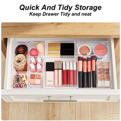 SMARTAKE 7-Piece Drawer Organizer with Non-Slip Silicone Pads, 4-Size Desk Drawer Organizer Trays Storage Tray for Makeup, Jewelries, Utensils in Bedroom Dresser, Office and Kitchen (Clear)