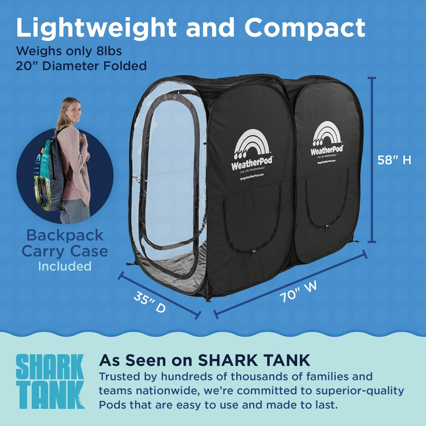 WeatherPod® Side-by-Side™ 2 Person Pop-Up Sports Tent Pod - The Original Shark Tank Instant Setup All-Weather Pod Shelter for Outdoor Sports, Rain, Wind & Cold