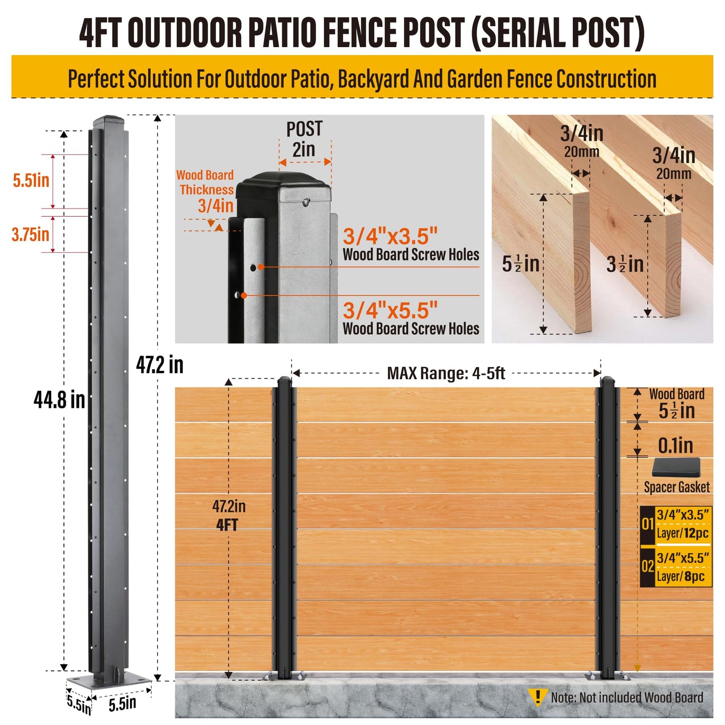 Wowace 4ft (H/48in) Heavy Duty Fence Post - Serial Post for Outdoor Patio, Backyard and Garden Privacy Fence (2pack-Matte Black)