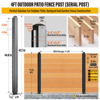 Wowace 4ft (H/48in) Heavy Duty Fence Post - Serial Post for Outdoor Patio, Backyard and Garden Privacy Fence (2pack-Matte Black)