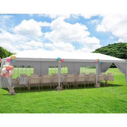 Greesum 10x30 Outdoor Canopy with 6 Side Removable Walls, Patio Camping Heavy Duty Gazebo Shelter for Party Wedding BBQ Events, Waterproof Tent, Snow-White