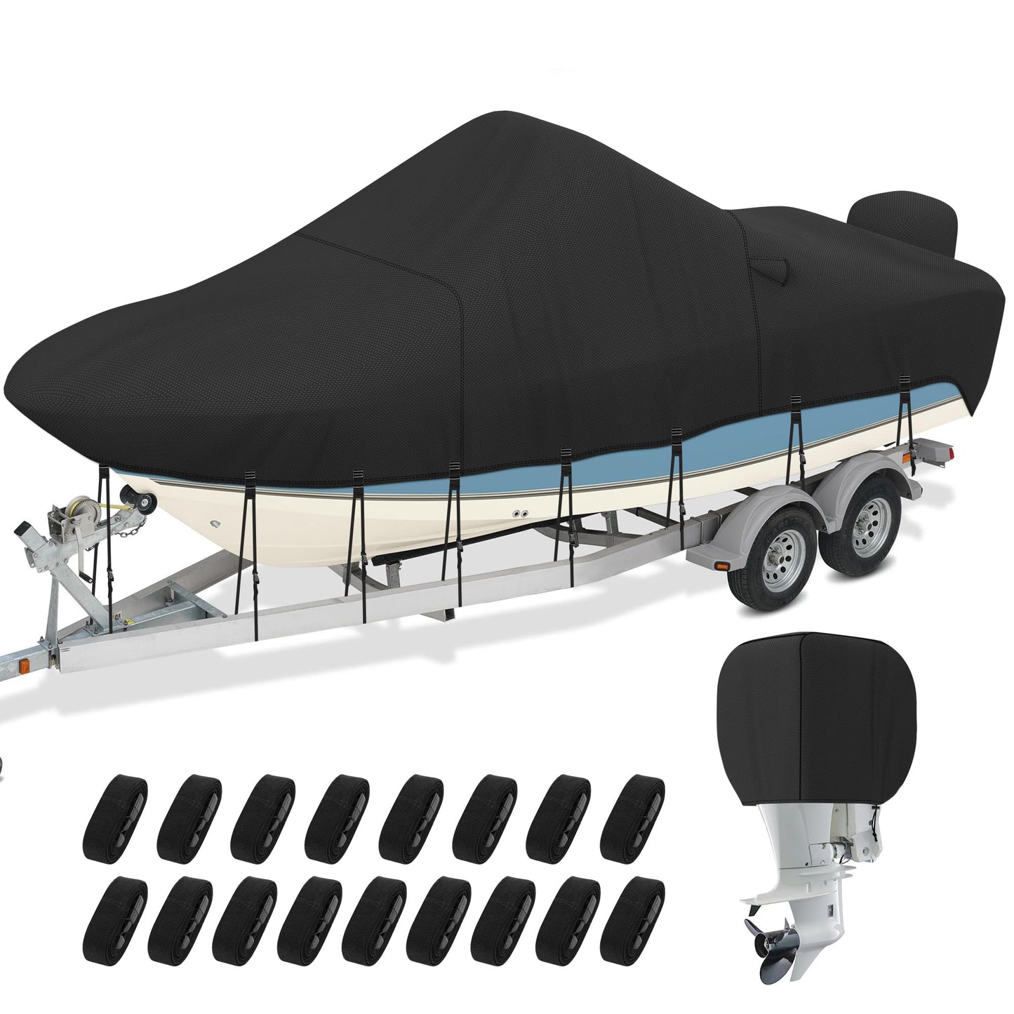 NOOKAT Center Console Boat Cover 20-22ft, 1200D Waterproof Boat Cover with Motor Cover, Trailerable Boat Cover for Center Console Boat, Heavy Duty Marine Grade UV Resistant Polyester Fabric, Black