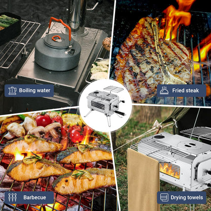 KingCamp Hot Tent Stove, Foldable Camping Stove with Large Firebox, 5.6ft Winter Camping Stove for Tent, Shelter, Cabin Heating, With Chimney Pipes, Heat Resistant Glass & Gloves for Outdoor