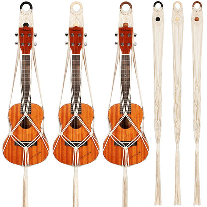 3 Pieces Macrame Ukulele Hanger Wall Mount, 21 to 24 Inches Boho Hanging Stand Holder for Soprano Case, Wall Decor Alternative Kit, Black Ring and Wooden Bead