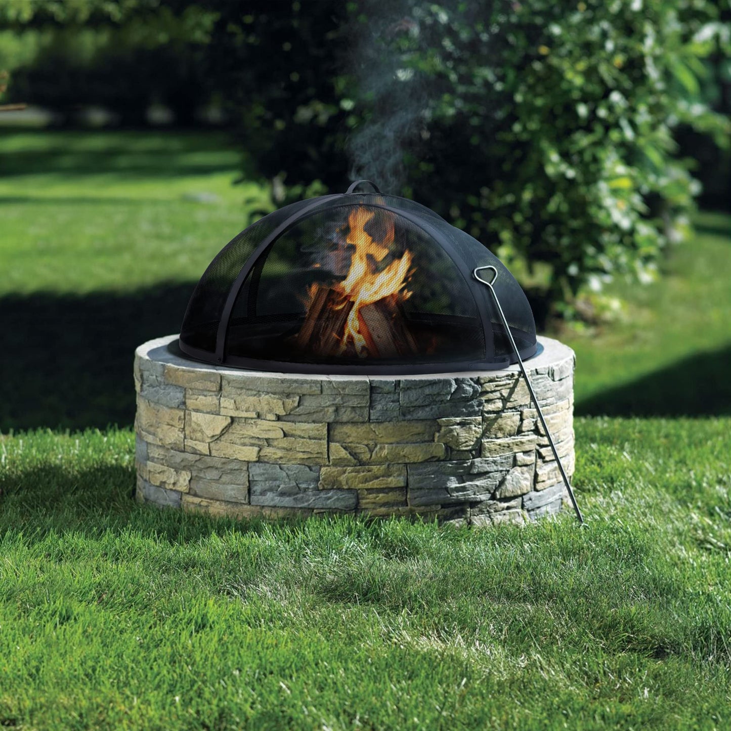 SUNCREAT Outdoor Fire Pit Spark Screen Cover Accessory, Patio Round Easy-Opening Fire Mesh Screen Guard, Heavy Duty Steel Fire Pit Ember Lid with Hinge, 32 Inch