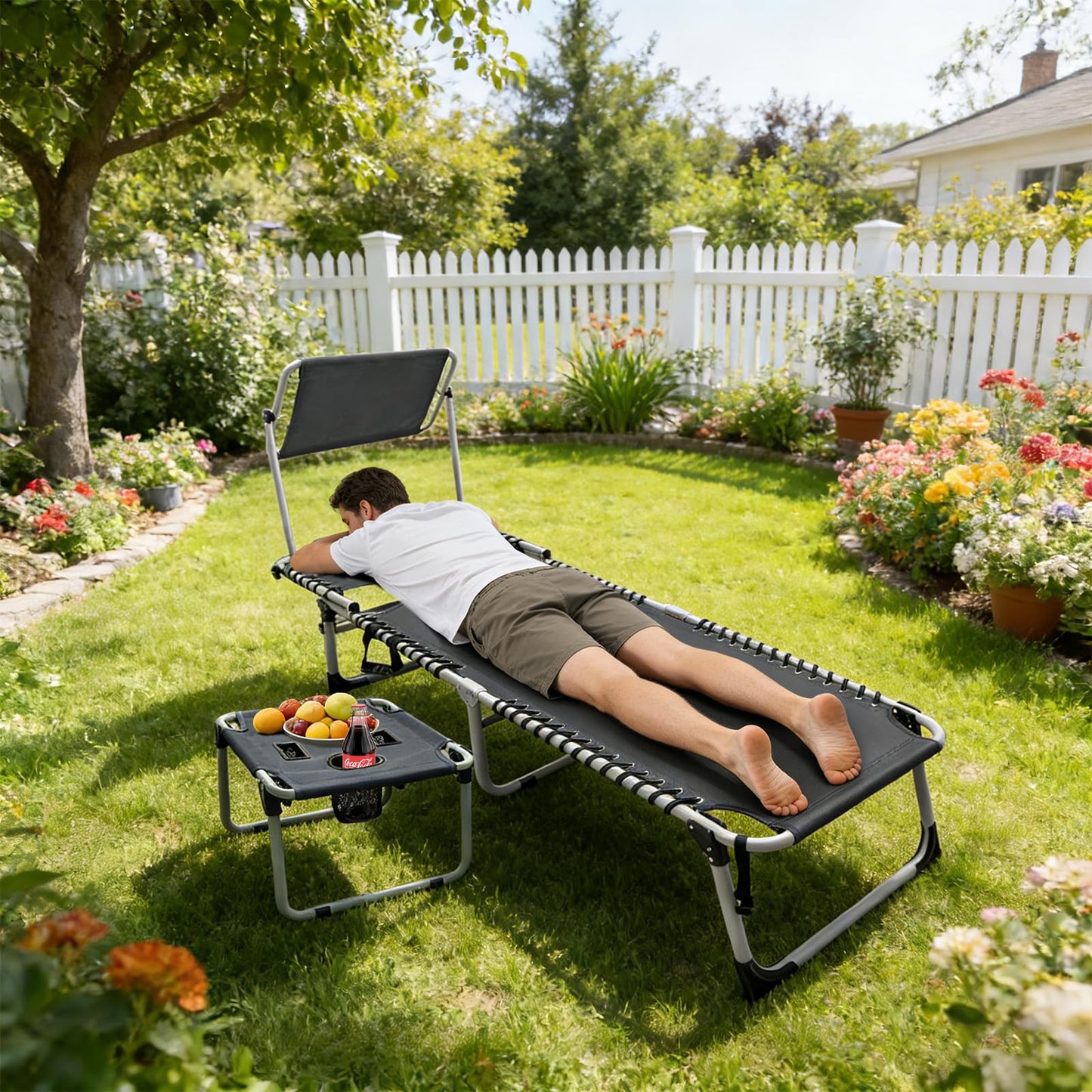 WKFAMOUT Outdoor Tanning Chair with Sun Canopy Shade & Face Hole, Folding Lounge Chair with Beach Table and Carry Bag for Poolside Sunbathing Lawn