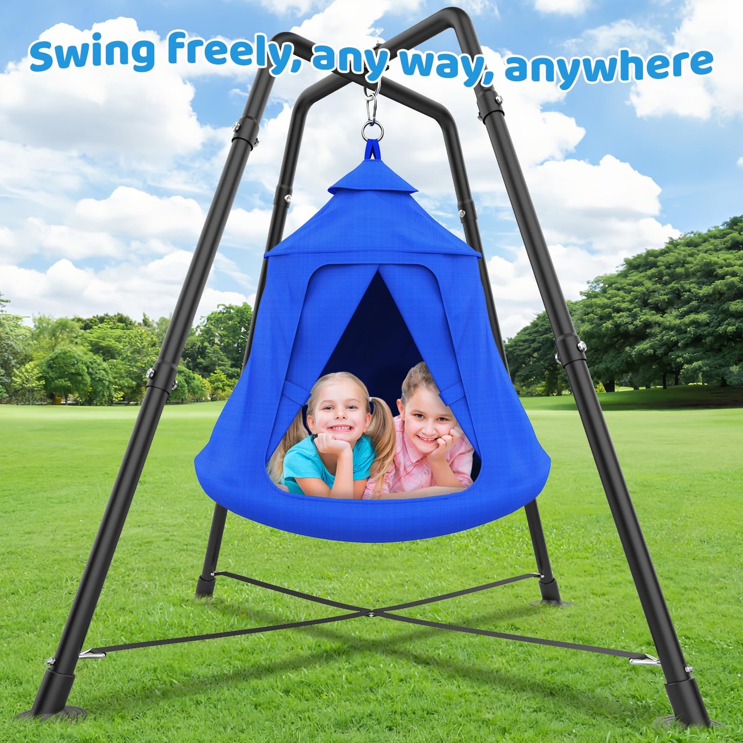 Swing Set with Tent Swing, X-Shaped Swing Frame with Sensory Swing, Metal 32mm Diameter Swing Stand with Tent Swing, 330 lbs Capacity, w/Rainbow Lights String, Indoor/Outdoor Use (Blue)