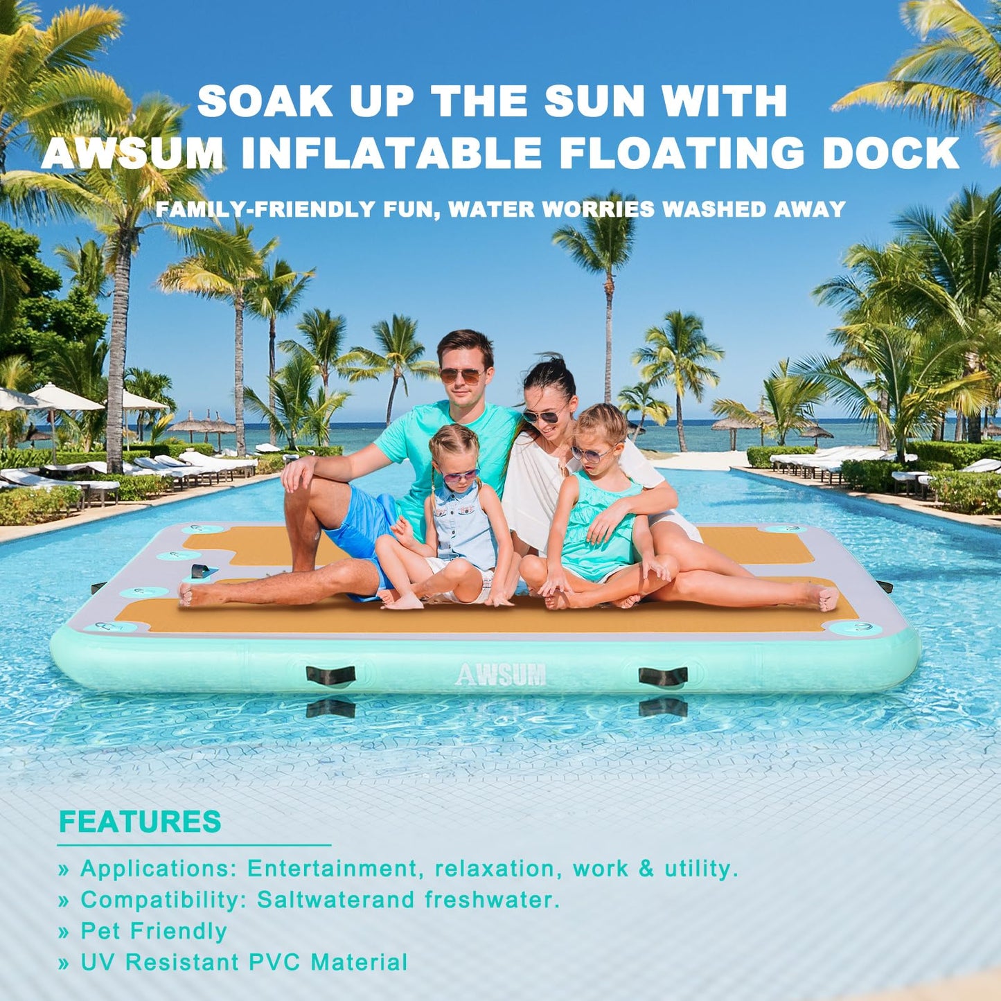 AWSUM Inflatable Floating Dock, 8ft/10ft Non-Slip EVA Inflatable Swim Platform Dock for Lake, Inflatable Water Mat Floating Island Raft for Pool Beach Ocean