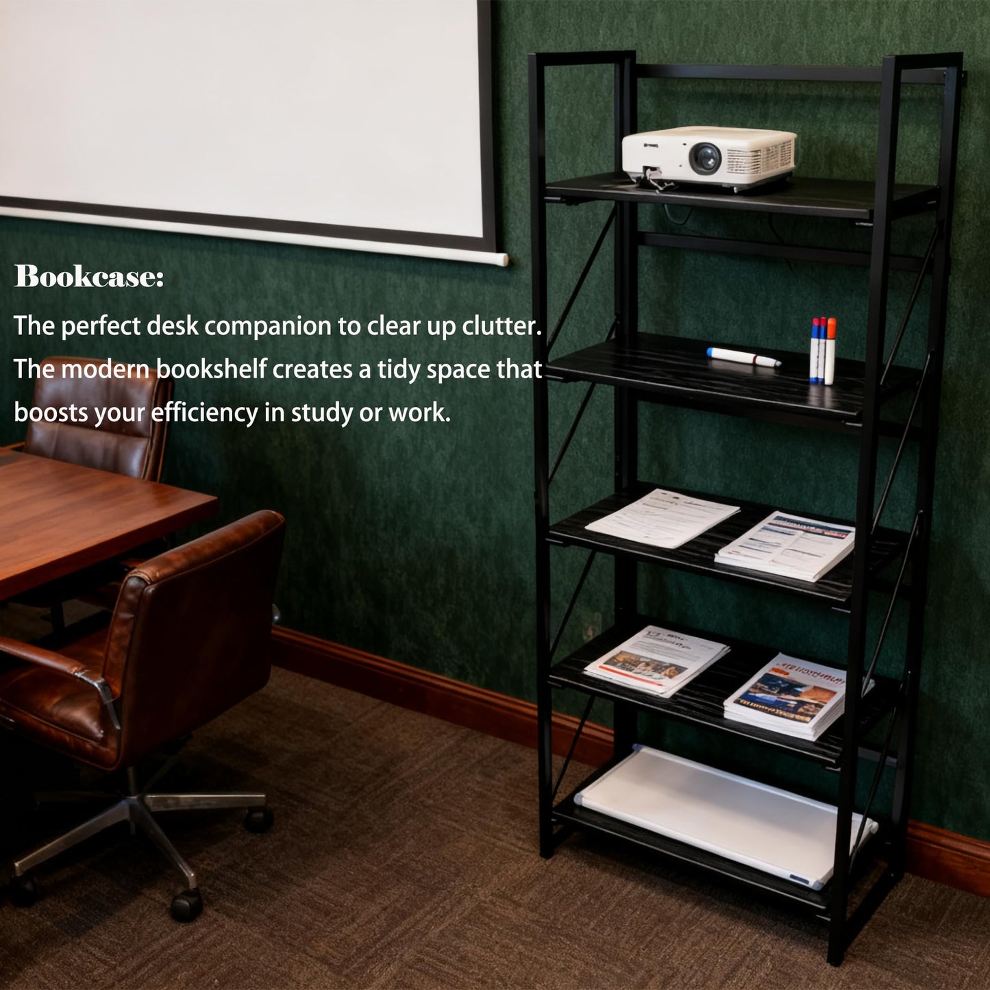 Kogven Folding Bookshelf, 2-in-1 Convertible Design, Multifunctional Plant Stand Storage Rack Shelves for Home Office, Easy Assembly, 5-Tier, Black