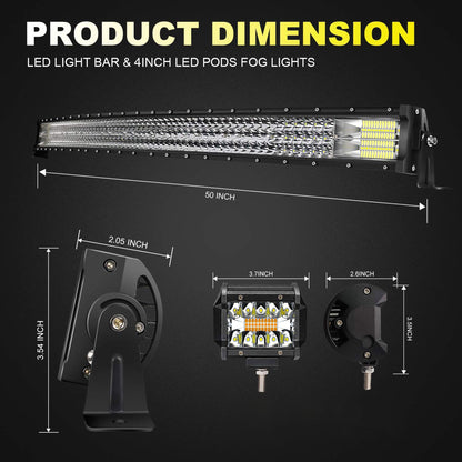 LED Light Bar TURBO SII 50 Inch 684W Curved Triple Row Flood Spot Combo Beam Offroad Driving Light + 4 Inch 60W Led Pod Lights w/3-Leads Wiring Harness for Trucks ATV UTV Polaris Boats