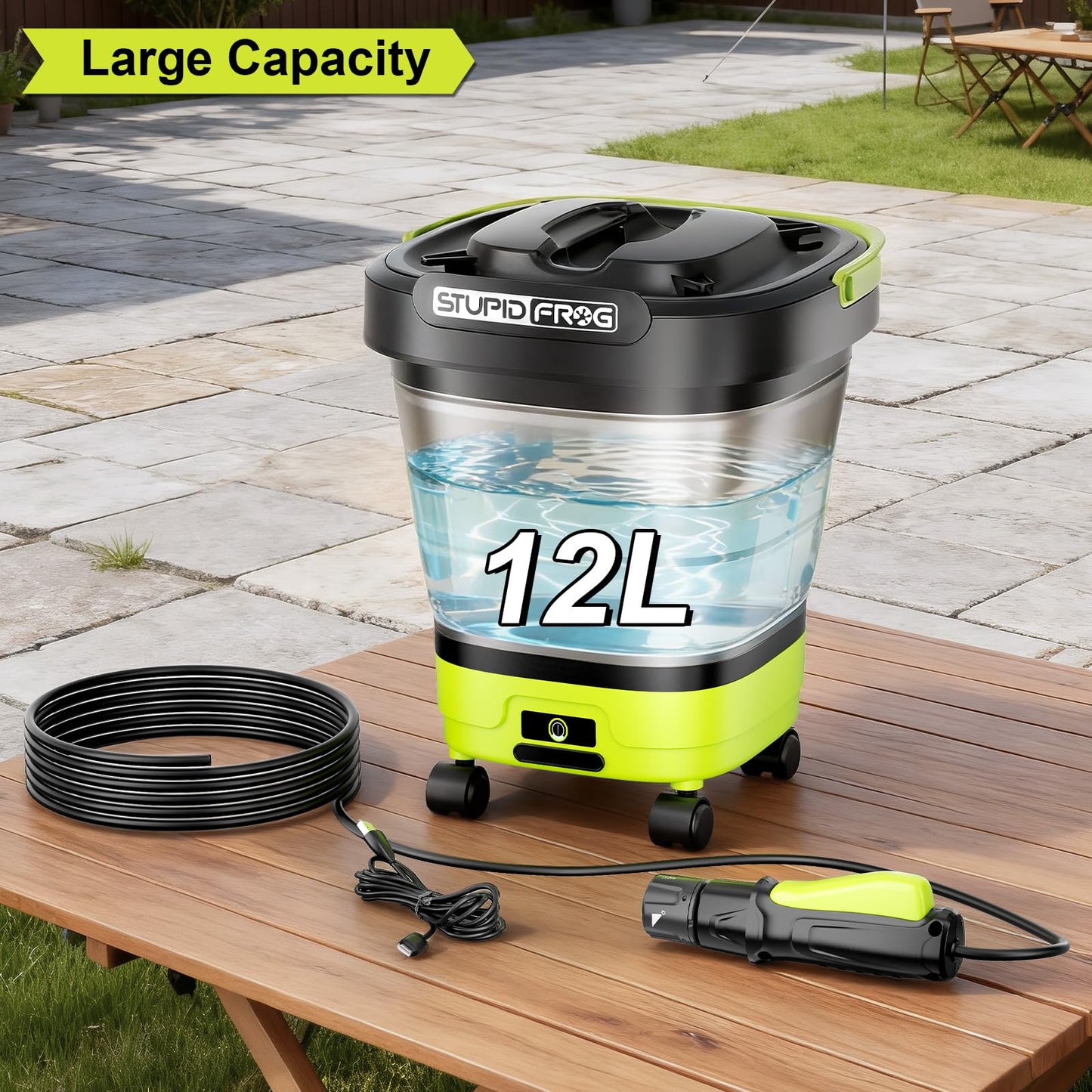 StupidFrog Portable Max 72 PSI Hand Sprayer, Cordless Garden Sprayer with 2000mAh Battery, 4-in-1 Nozzle, 12L Collapsible Bucket, Low Pressure Cleaner for Outdoor Cleaning, Camping, Gardening