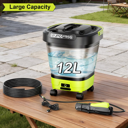 StupidFrog Portable Max 72 PSI Hand Sprayer, Cordless Garden Sprayer with 2000mAh Battery, 4-in-1 Nozzle, 12L Collapsible Bucket, Low Pressure Cleaner for Outdoor Cleaning, Camping, Gardening