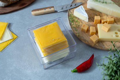 Pikanty American Cheese Slice Container for Refrigerator - Large Clear Plastic Holder Fits 24 Kraft or Sargento Singles, Sliced Cheese Keeper with Hinged Lid, Dishwasher Safe, Made in USA