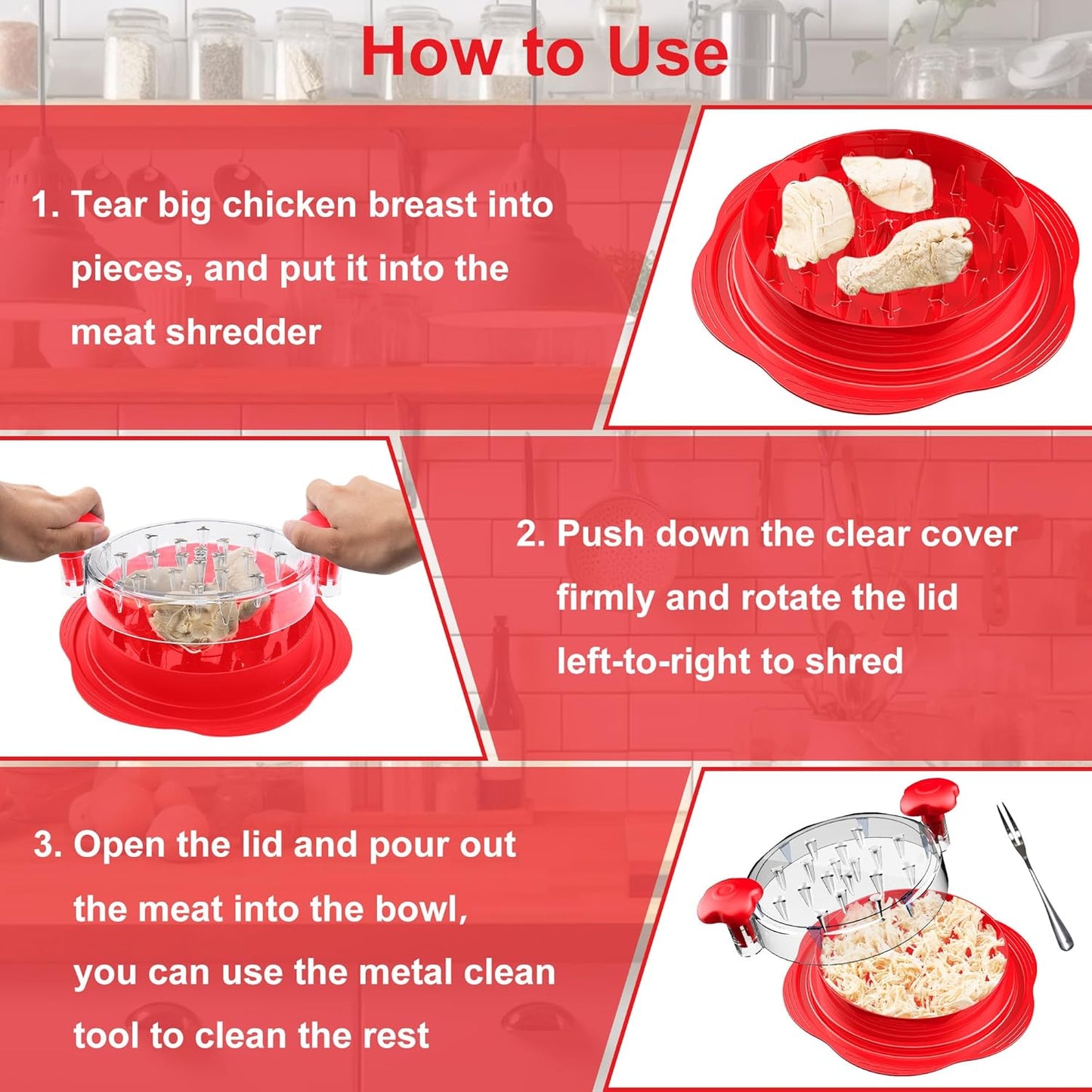 SURETIVIAN Chicken Shredder - Ergonomic Large Meat Shredder Tool with Brush & Fork | BPA-Free, Red