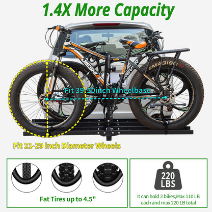 Bike Rack Hitch Mount with Ramp for 2 Bikes – Platform Ebike Rack with Anti-Theft Lock Fits Fat Tires up to 220 lbs – Foldable & Tilt Electric Bike Rack for SUV, Truck, RV – 2'' Hitch Receiver