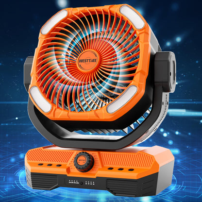 WESTTREE Battery Powered Fan Powerful Airflow Battery Operated Air Circulator Fan for Bedroom,Quiet & 360°Auto Oscillating Rechargeable Camping Fans with LED Light (RGBW) X66 Orange