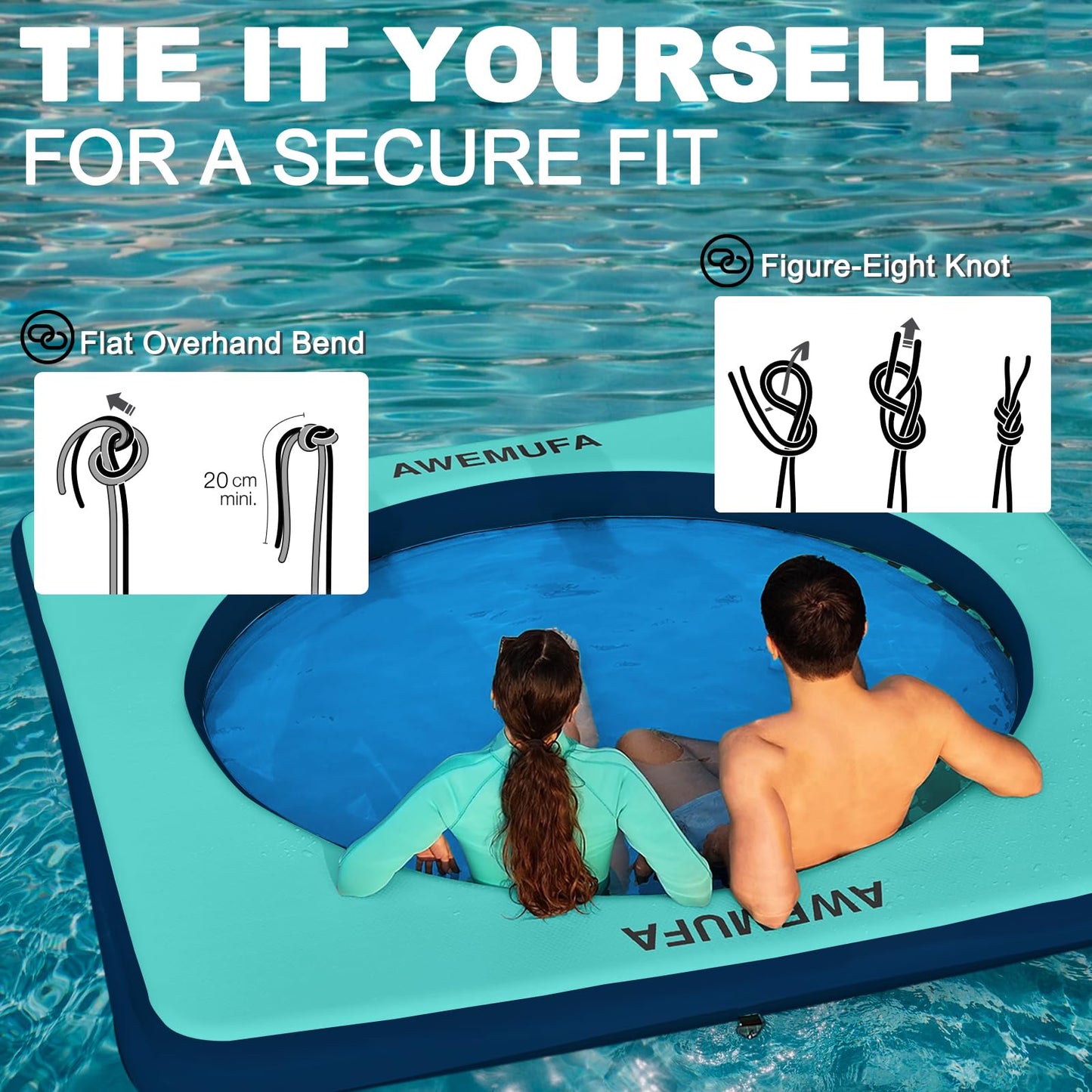AWEMUFA 8ft x 8ft Inflatable Floating Dock Platform with Mesh, Floating Island Raft Lake Pool Inflatable Water Hammock Swim Air Platform, Floating Water Mat Island Floats for Adults Travel Floats