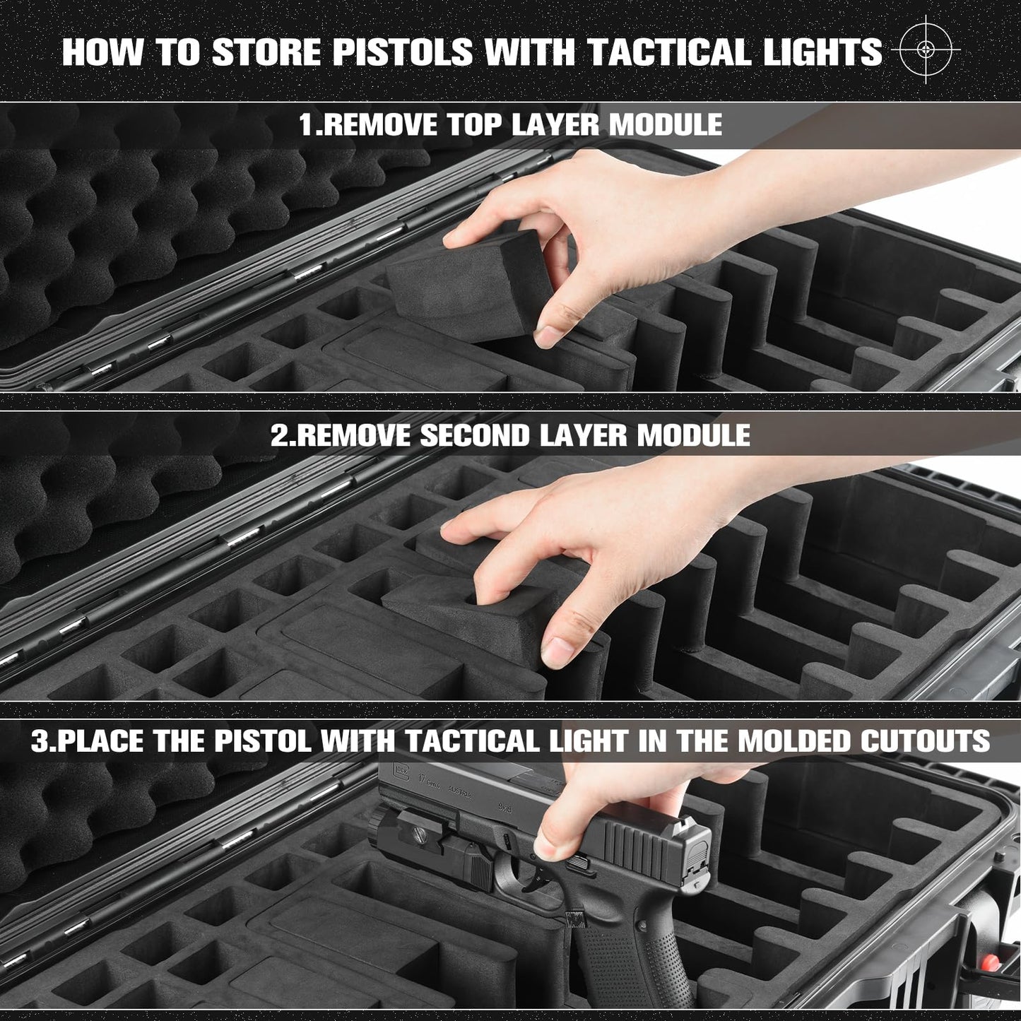 Wheeled Pistol Gun Case for 10 Handguns - Holds 10 Pistols & 12 Magazines, Pre-Cut Pistols Hard Shell Gun Box, TSA Approved Pistol Case for SIG Sauer, Smith & Wesson, for Colt, for Revolver, for Glock